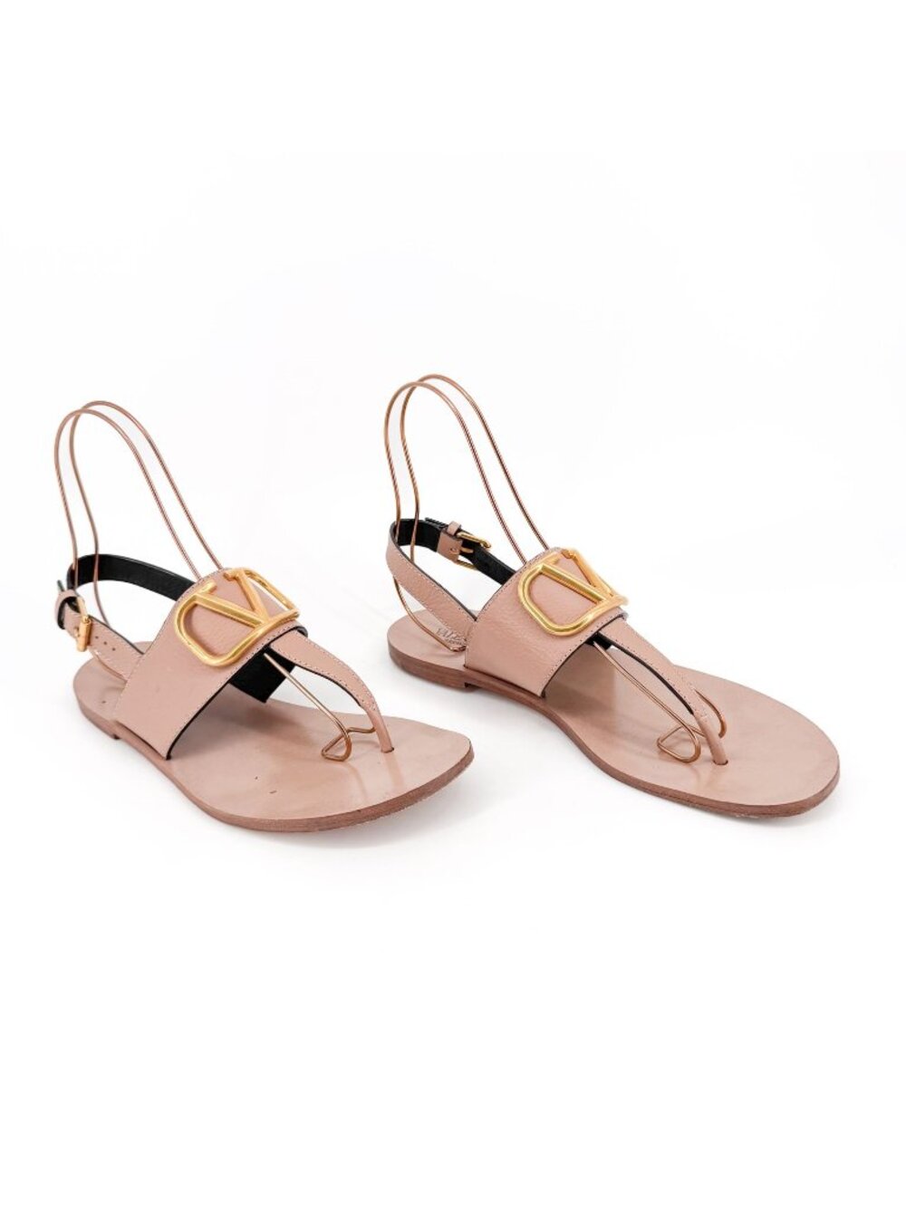 Valentino Garavani Vlogo T-Strap Flat Sandals Beige Leather Size 40.5 US 10.5